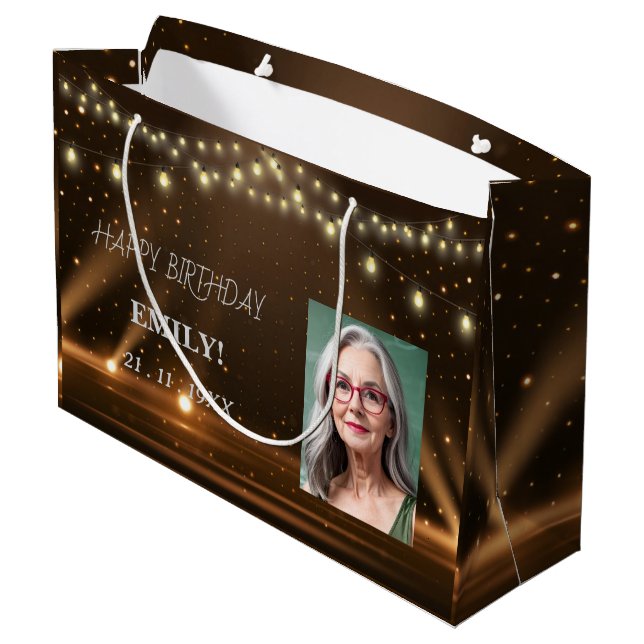 Sacola Para Presentes Grande Feliz Aniversário do Partido Negro Elegante Chic M (Verso inclinado)