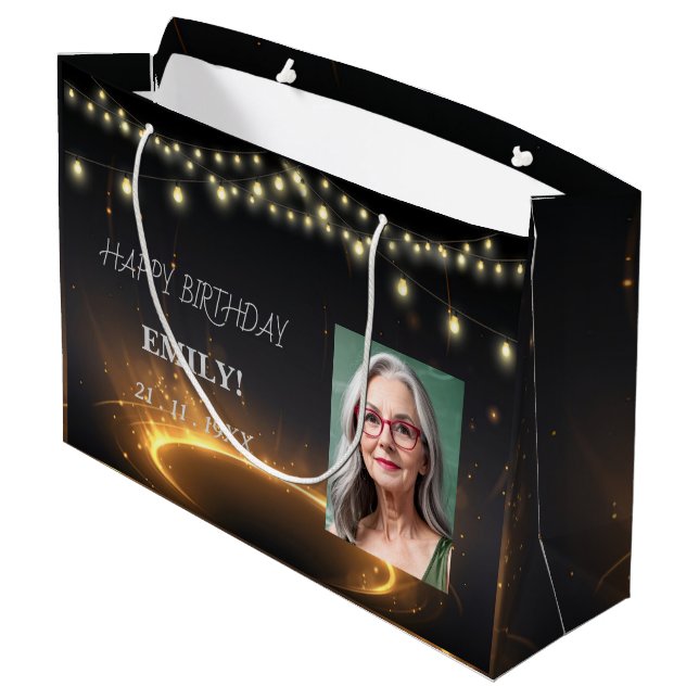 Sacola Para Presentes Grande Feliz Aniversário do Partido Negro Elegante Chic M (Verso inclinado)