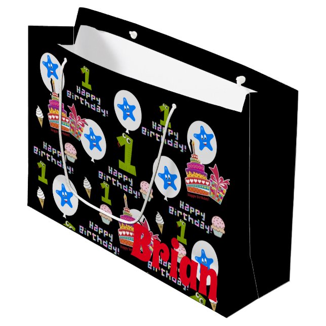 Sacola Para Presentes Grande Feliz aniversário do presente #1 Preto (Frente inclinada)