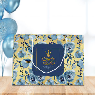 Sacola Para Presentes Grande Feliz Aniversário Dusty Blue Dourado Nome Floral