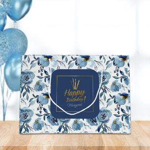 Sacola Para Presentes Grande Feliz Aniversário Dusty Blue Floral
