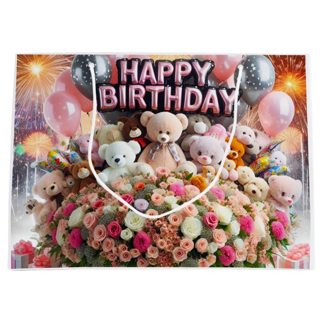 Sacola Para Presentes Grande Feliz Aniversário, filhotes de urso, de Natasha Us (Frente)