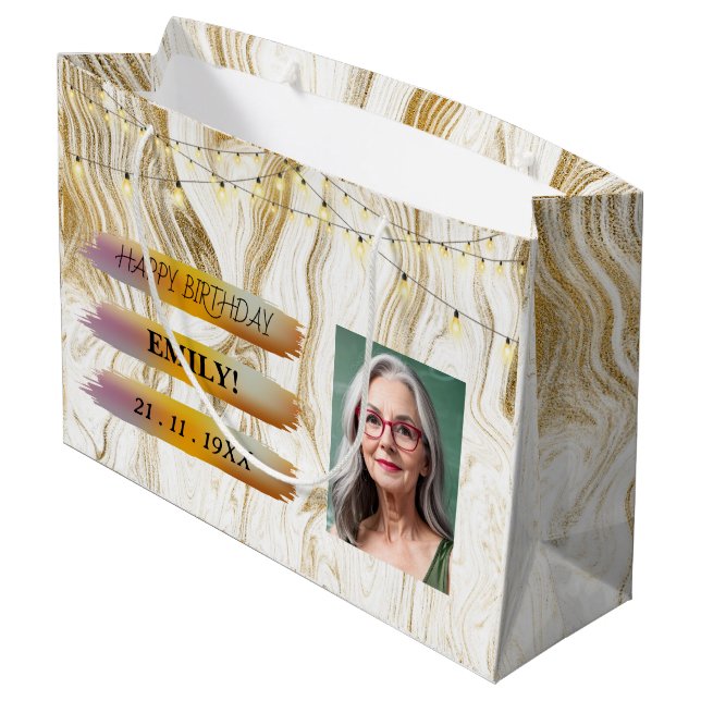 Sacola Para Presentes Grande Feliz aniversário Foto Elegante Black White Party (Verso inclinado)