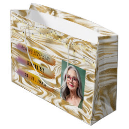 Sacola Para Presentes Grande Feliz aniversário Foto Elegante Black White Party