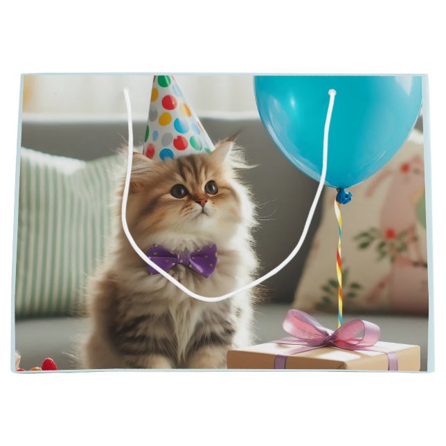 Sacola Para Presentes Grande Feliz Aniversário Gatinho (Frente)