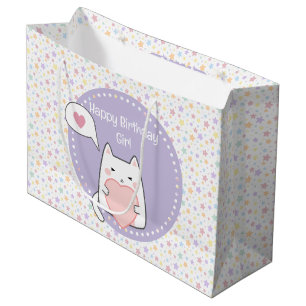 Sacola Para Presentes Grande Feliz Aniversário Gato Kawaii com amor Coração