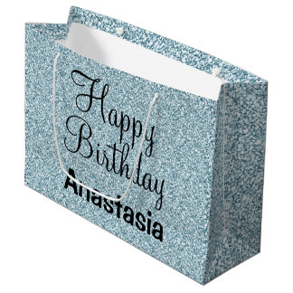 Sacola Para Presentes Grande Feliz Aniversário Glam Glitter Prata Azul Brilhant