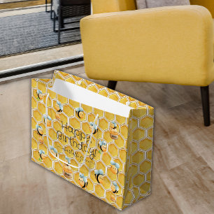 Sacola Para Presentes Grande Feliz Aniversário, Honeycomb e Abelhas com nome