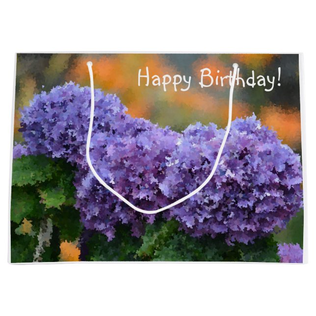 Sacola Para Presentes Grande Feliz aniversário Impressionista Roxo Hydrangea (Frente)