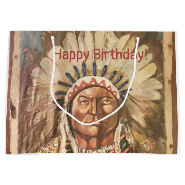 Sacola Para Presentes Grande Feliz Aniversário, Masculine Sitting Bull (Frente)