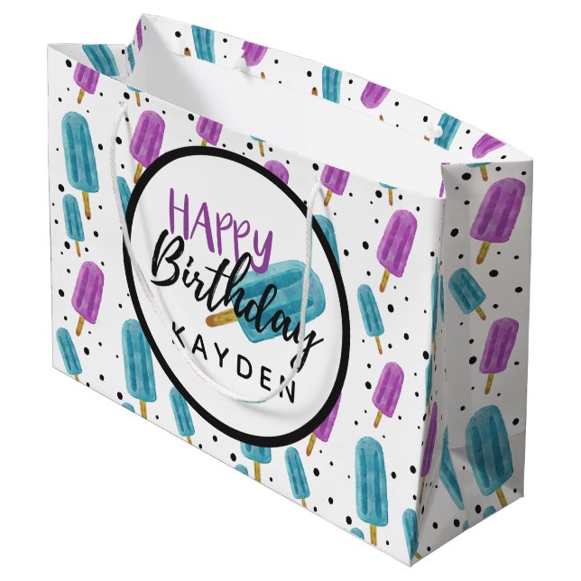 Sacola Para Presentes Grande Feliz Aniversário Nome da Criança Festa de Picolé  (Verso inclinado)