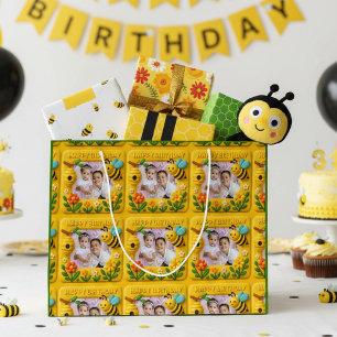 Sacola Para Presentes Grande Feliz Aniversário Personalizado Abelhas Fofas