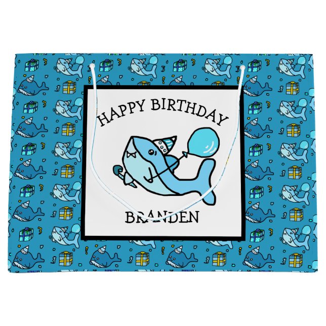 Sacola Para Presentes Grande Feliz Aniversário Personalizado - Azul-Ninho (Frente)