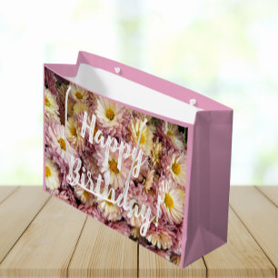 Sacola Para Presentes Grande Feliz Aniversário Pink Chrysanthemum Foto Floral