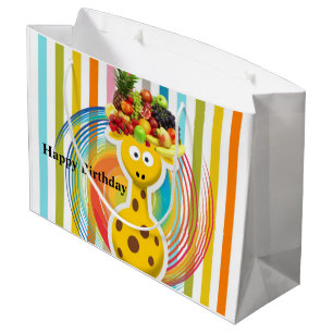 Sacola Para Presentes Grande Feliz Aniversário Presente Bag Girafa Fruta Stripe