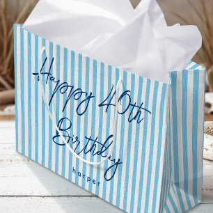 Sacola Para Presentes Grande Feliz Aniversário Qualquer Idade Nome Stripe Azul