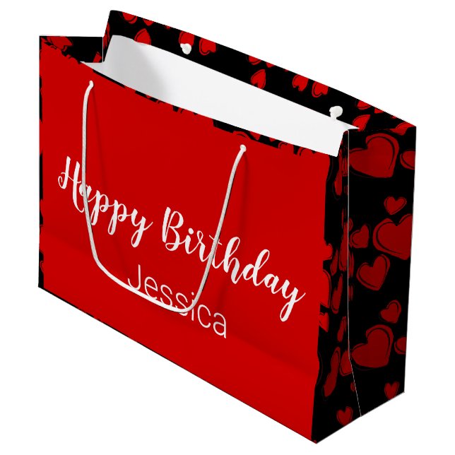 Sacola Para Presentes Grande Feliz aniversário - Script Black and Red Hearts (Frente inclinada)