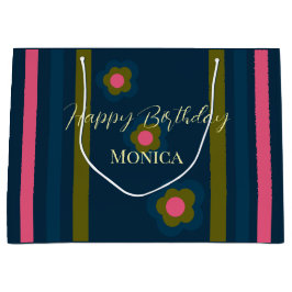Sacola Para Presentes Grande Feliz aniversário Texto personalizado azul marinho