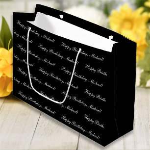 Sacola Para Presentes Grande Feliz Aniversário Texto Personalizado Preto Chic