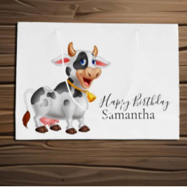 Sacola Para Presentes Grande Feliz aniversário, vaca branca e negra