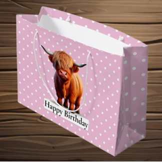 SACOLA PARA PRESENTES GRANDE FELIZ ANIVERSÁRIO VACA DE CABELO ROSA COMPRIDO