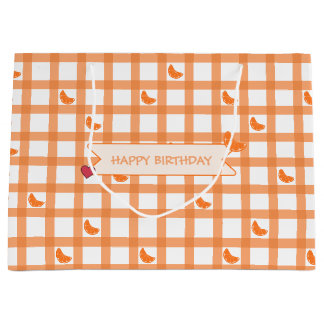 Sacola Para Presentes Grande Feliz Aniversário Xadrez Laranja Fofo