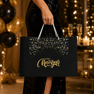 Sacola Para Presentes Grande Feliz Ano Novo Preto e Dourado Elegante