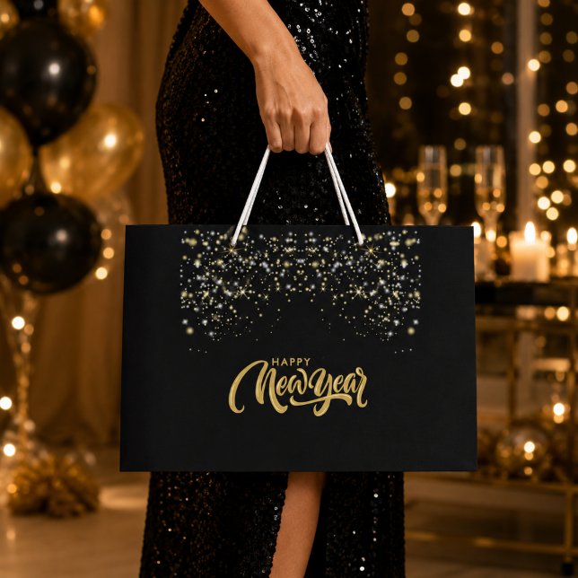 Sacola Para Presentes Grande Feliz Ano Novo Preto e Dourado Elegante (Criador carregado)