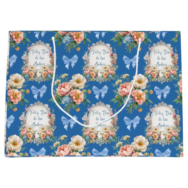 Sacola Para Presentes Grande Feliz Dia De Las Madres Azul Ceruleo (Frente)