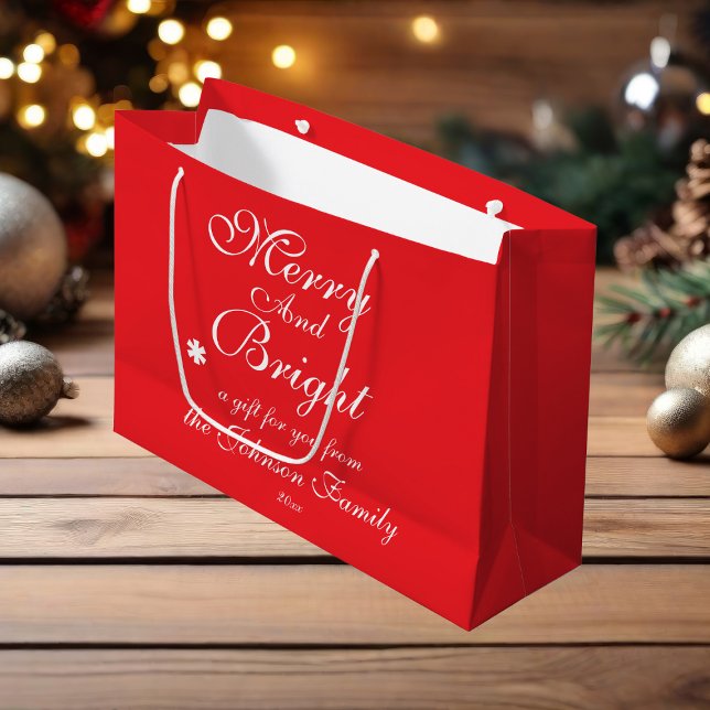 Sacola Para Presentes Grande Feliz E Letra Brilhante Nome Chic Red Christmas (Merry And Bright, cheerful chic large red Christmas gift bag.)