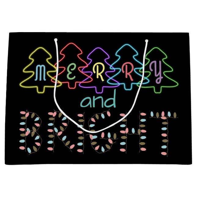 Sacola Para Presentes Grande Feliz e Luzes de Natal Brilhantes (Frente)