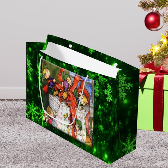 Sacola Para Presentes Grande Feliz Elves Wraping Presente Grande Saco de Presen (Merry Elves Wrapping Present Large Gift Bag)