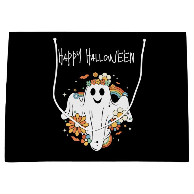 Sacola Para Presentes Grande Feliz Fantasma Retro Hippie Vibe Halloween (Frente)