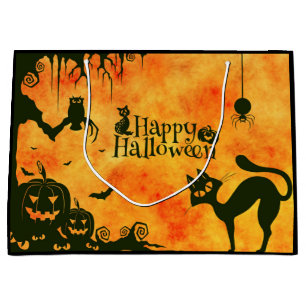 Sacola Para Presentes Grande Feliz Gato Negro de Halloween, coruja, abóboras