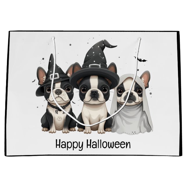 Sacola Para Presentes Grande Feliz Halloween Boston Terrier Dogs (Frente)
