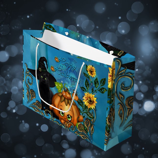 Sacola Para Presentes Grande Feliz Halloween com gato engraçado (Cute Halloween design)