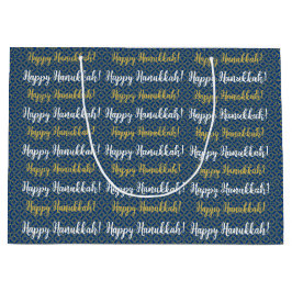 Sacola Para Presentes Grande Feliz Hanukkah Azul, Dourado e Branco