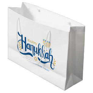 Sacola Para Presentes Grande "Feliz Hanukkah" Dourado Menorah