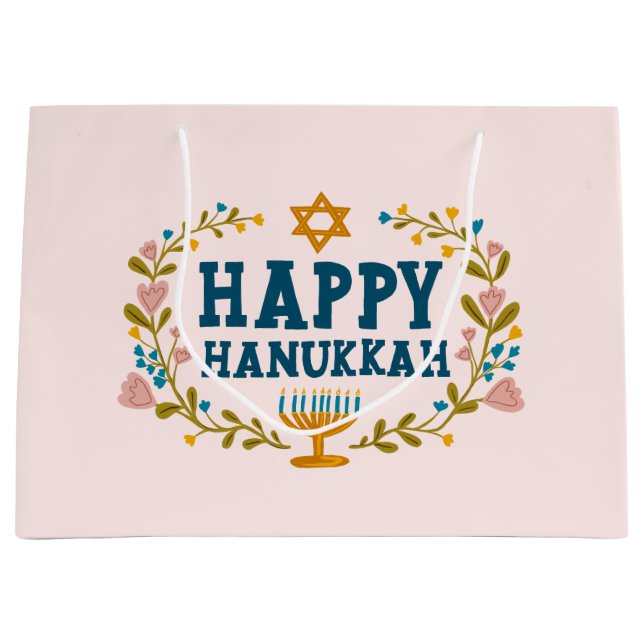 Sacola Para Presentes Grande FELIZ HANUKKAH, Feriado floral judaico (Frente)