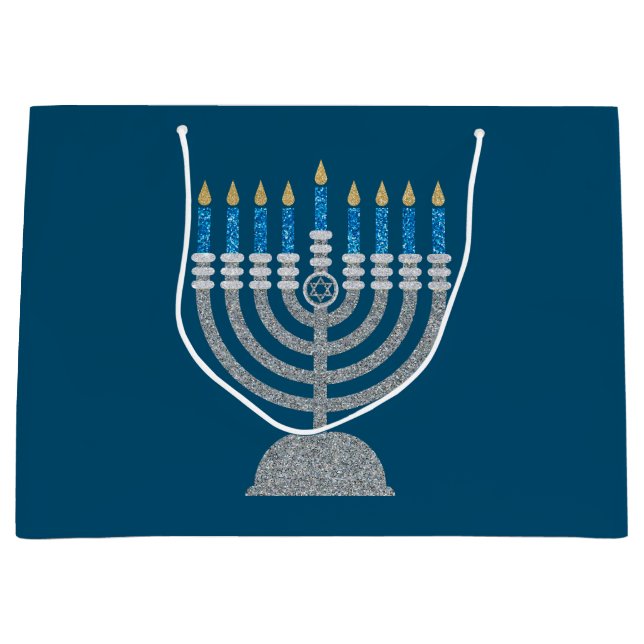 Sacola Para Presentes Grande Feliz Hanukkah Glitter (Frente)