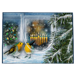 Sacola Para Presentes Grande Feliz Hanukkah. Pintura da cena do inverno
