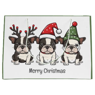 Sacola Para Presentes Grande Feliz Natal - Boston Terrier Dogs