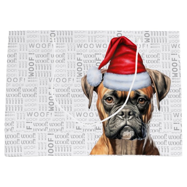Sacola Para Presentes Grande Feliz Natal Cachorro Boxer Lover Woof Words Feriad (Frente)