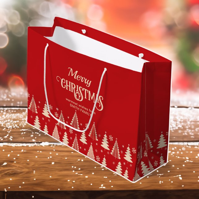 Sacola Para Presentes Grande Feliz Natal, cervejeiras vermelhas do século médio (Merry Christmas midcentury modern retro red beige gold trees personalized template Large Gift Bag)