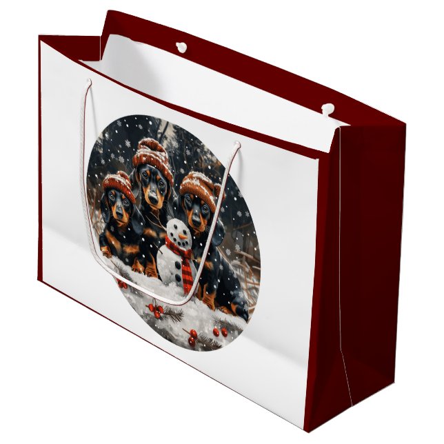 Sacola Para Presentes Grande Feliz Natal Dachshund Dogs Snowman (Frente inclinada)