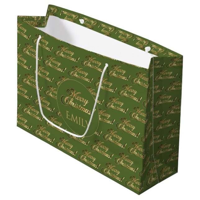 Sacola Para Presentes Grande Feliz Natal Elegante Azeite Dourado (Frente inclinada)