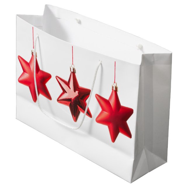 Sacola Para Presentes Grande Feliz Natal, estrelas vermelhas, decoração com tex (Frente inclinada)