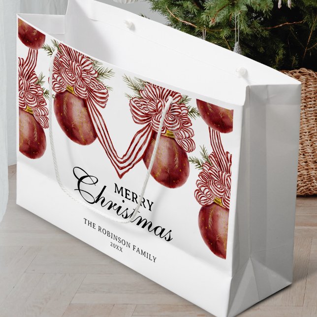 Sacola Para Presentes Grande Feliz Natal Feriado em Ornament Stripe Vermelho (Criador carregado)