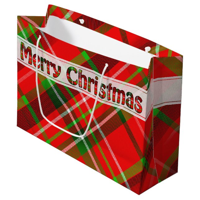 Sacola Para Presentes Grande Feliz Natal Festivo Tartan Padrão Vermelho Verde (Frente inclinada)