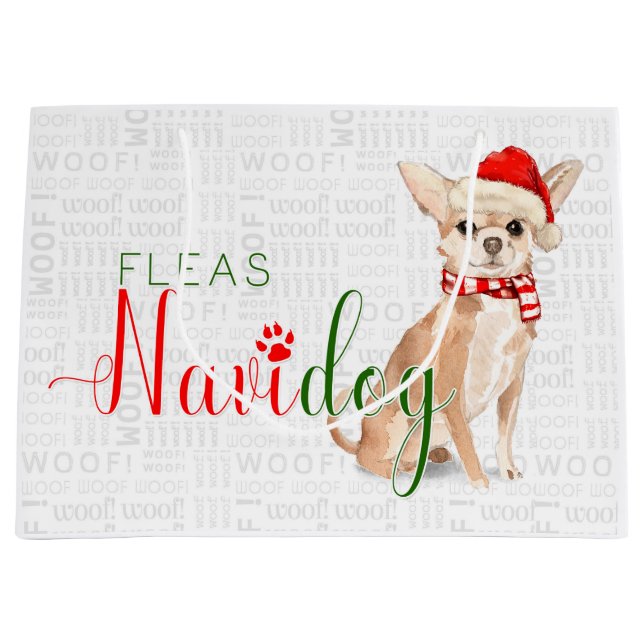 Sacola Para Presentes Grande Feliz Natal Fleas Navidog Chihuahua (Frente)